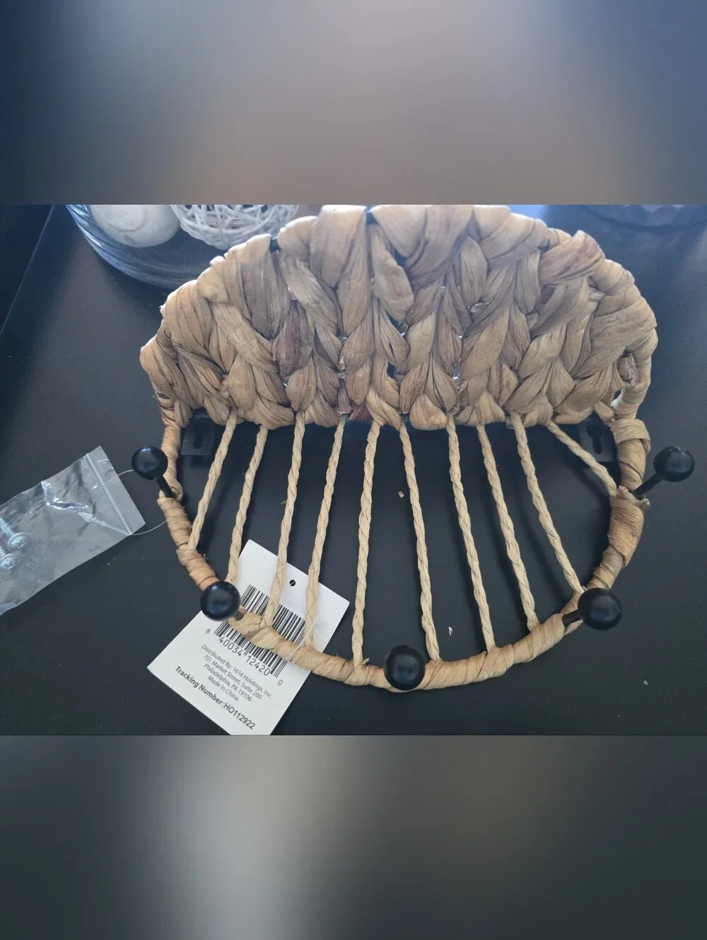 Woven Natural Rope Wall Hook Rack with Black Accent Knobs